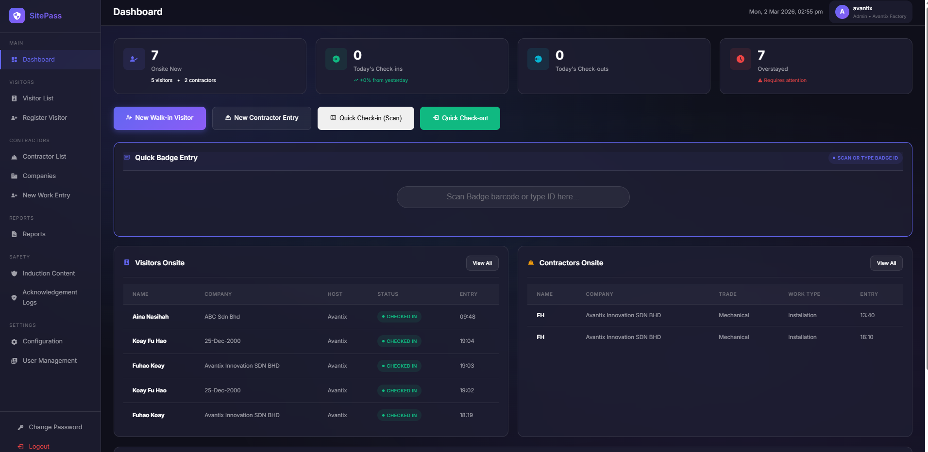Avantix SitePass Dashboard